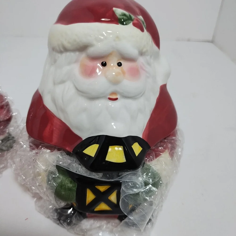 Vintage Santa Claus Face Head Ceramic Creamer‎ Sugar W/ Lids 2 PC Christmas Set